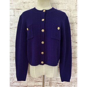 JH Collectibles Sweater M Wool Purple Gold Tone Lion Buttons Cardigan Vintage